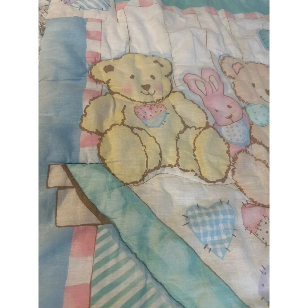 Vintage Teddy Bear Bunny Baby Comforter Pastel Patchwork Ruffle Quilt 33x42
